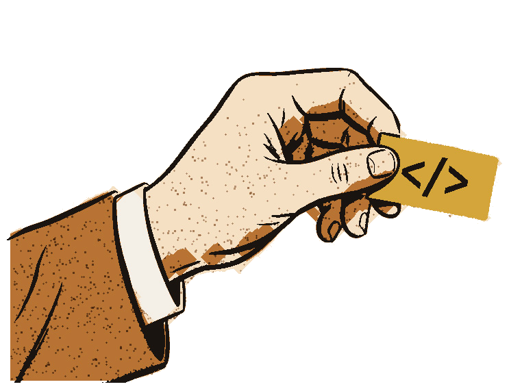 A hand placing a tag with HTML brackets onto a webpage