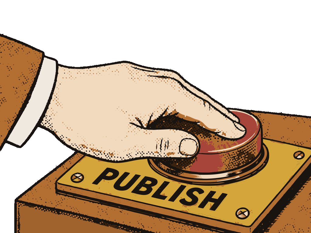 A hand pressing a big red PUBLISH button on a vintage console